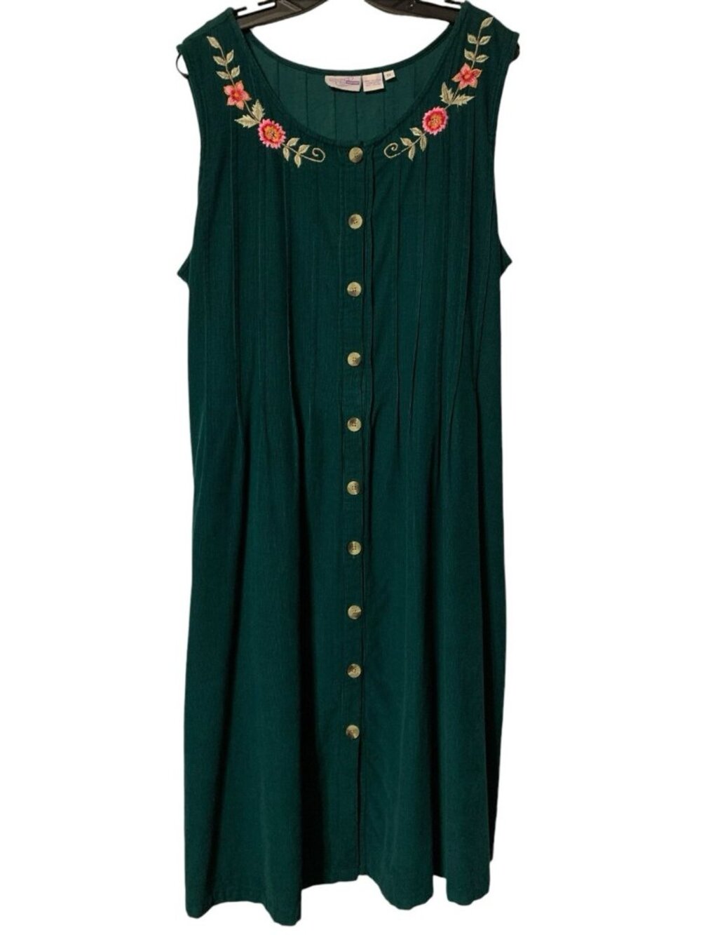 Comfort Corner Green Corduroy Dress Embroidered Jumper Cottagecore Long Size 1X